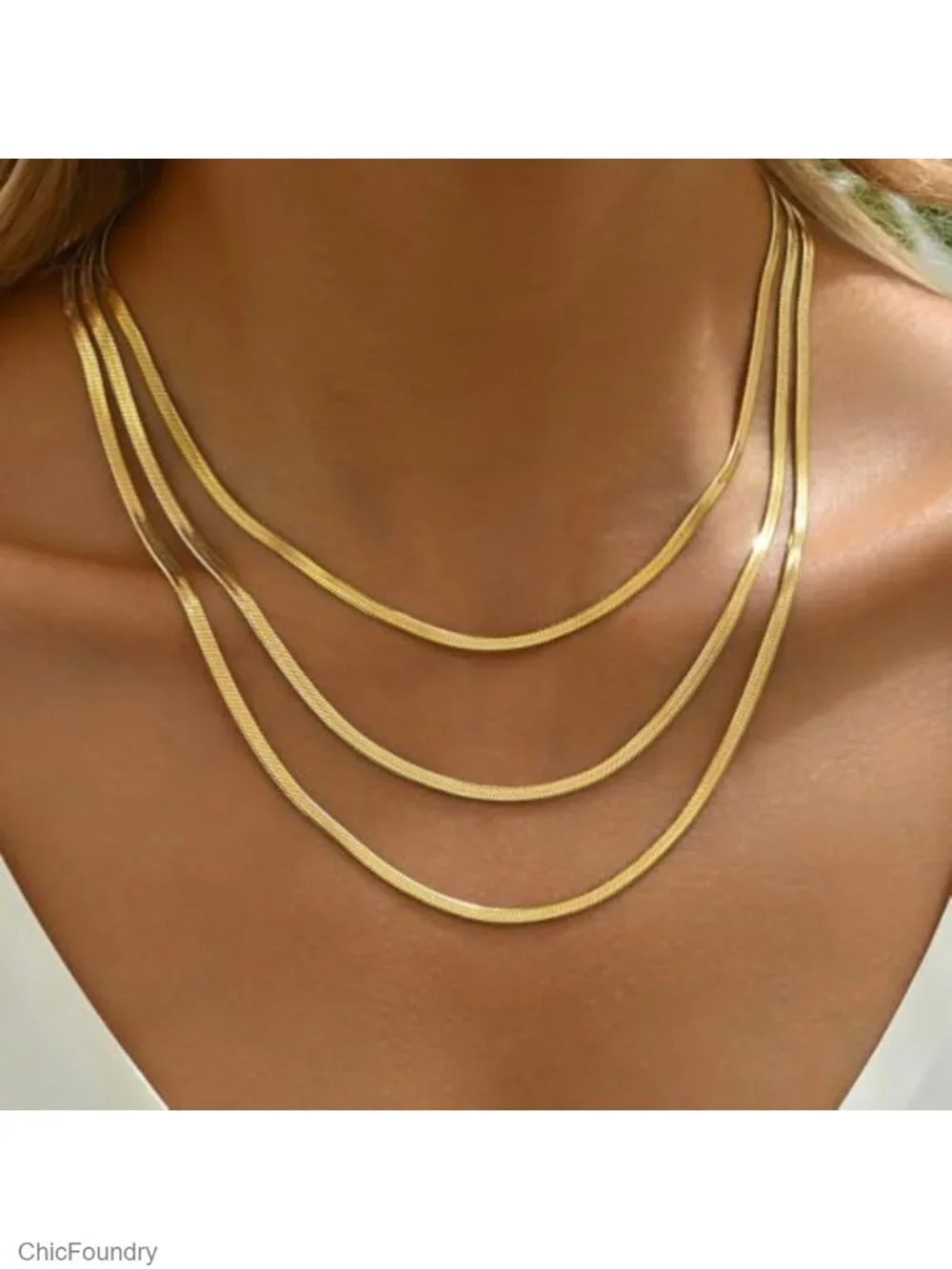 18K Gold Plated Layered Herringbone Necklaces for Women Non Tarnish Long